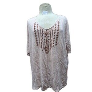 Garnet Hill Organic Linen Top Short Sleeve Embroidered Peach Tunic